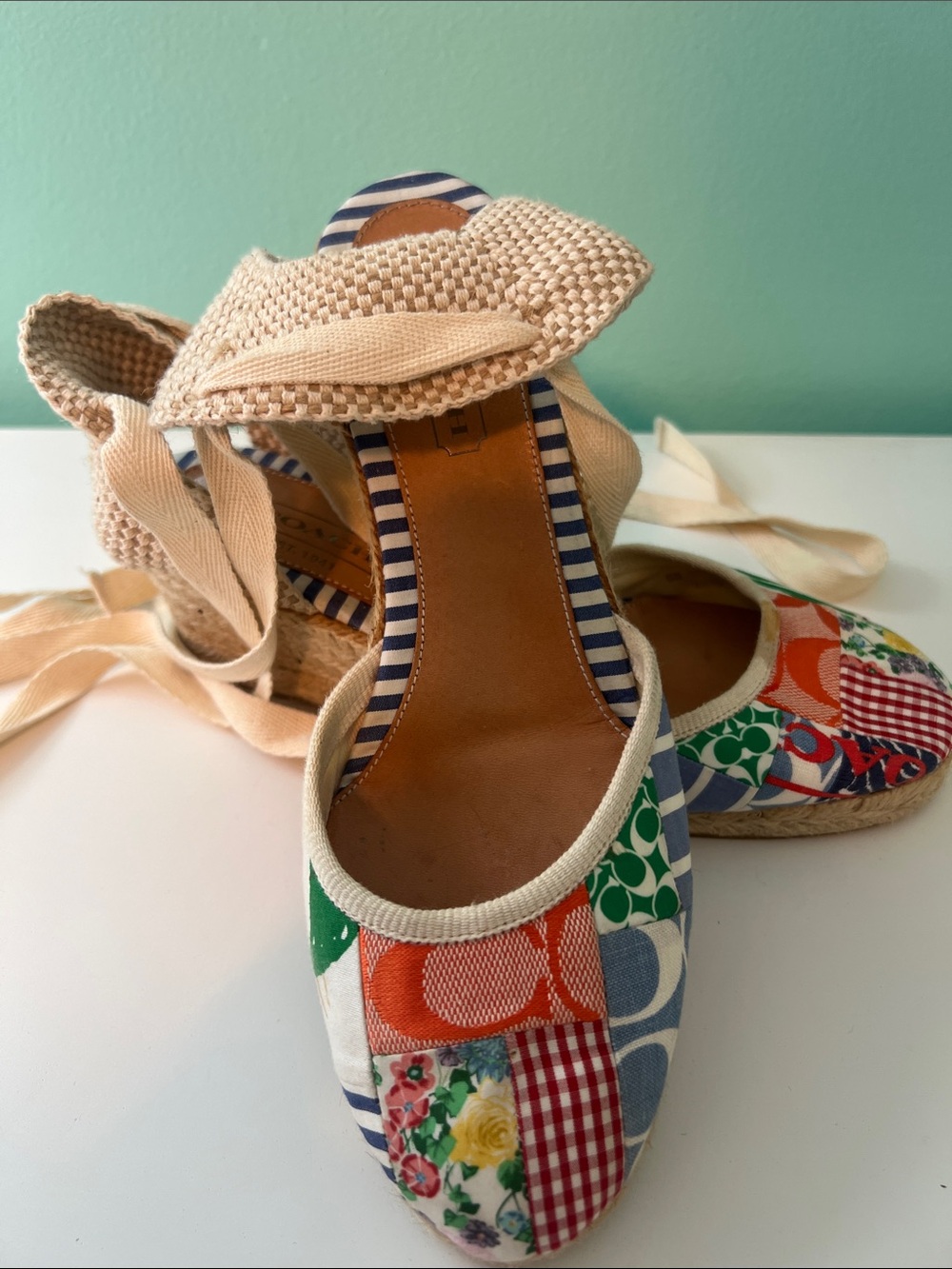 Coach Kerrie patchwork canvas wedge espadrilles with ankle tie closures